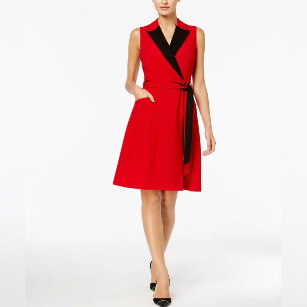 Calvin Klein Red Sleeveless Midi Dress with Black Trim